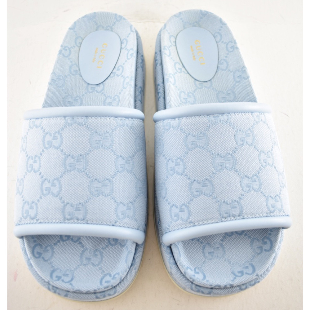 Gucci Light Blue GG Monogram Logo Canvas Mule Flat Slide Platform Sandal 39.5 - Picture 9 of 16